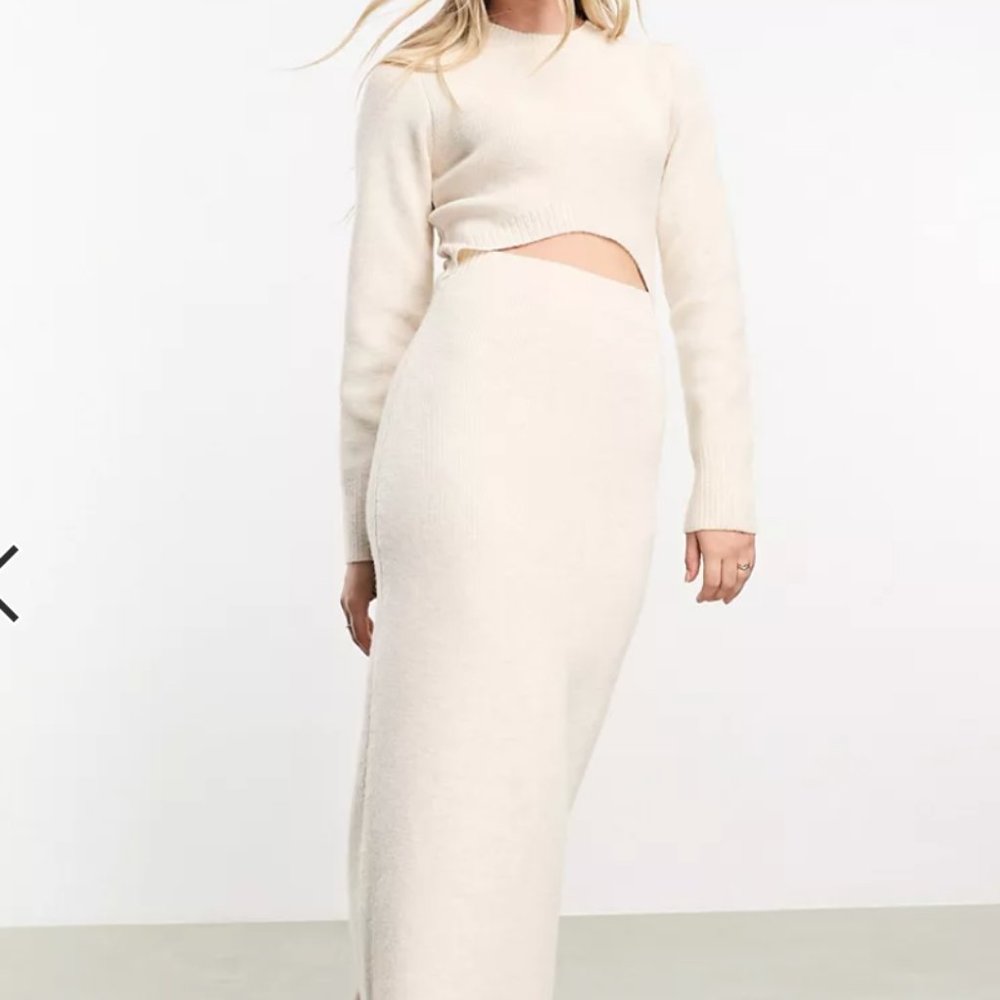 ASOS Pretty Lavish Long Sleeve Knitted Midi Dress in Ecru S Bridal Shower Bride